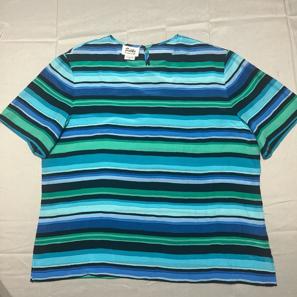 Silks By Joan Leslie" Vintage Size 18 Blue Green‎ Striped Silk Blouse Top